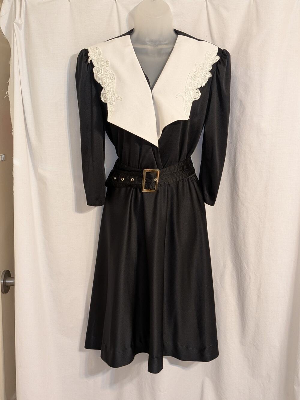 VTG 80s French Maid Style White Lace Baby Collar Wednesday Adams Dress 16P